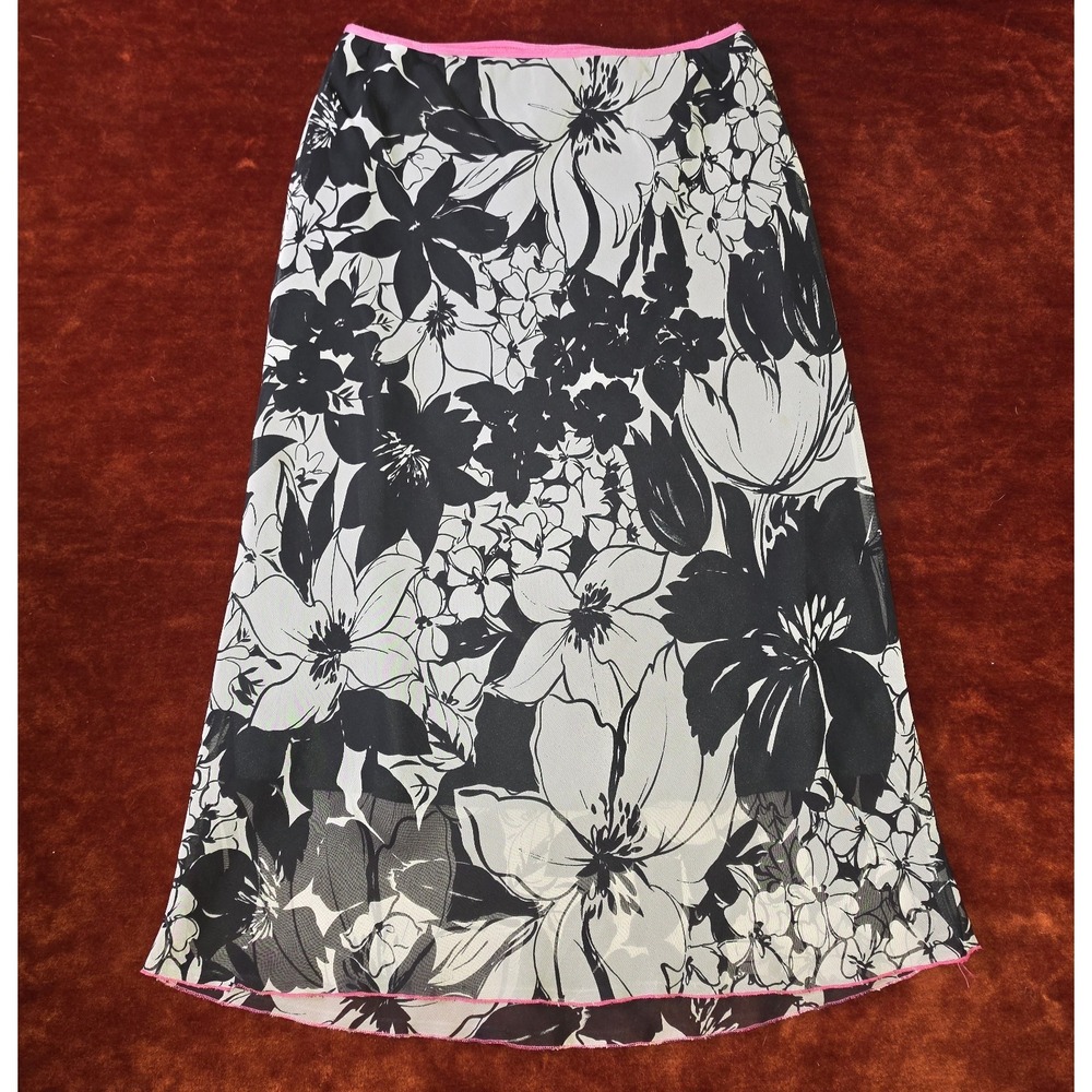 Vintage 90s‎ Y2K Black White Floral Midi Skirt Chiffon Pink Trim Flowy Large